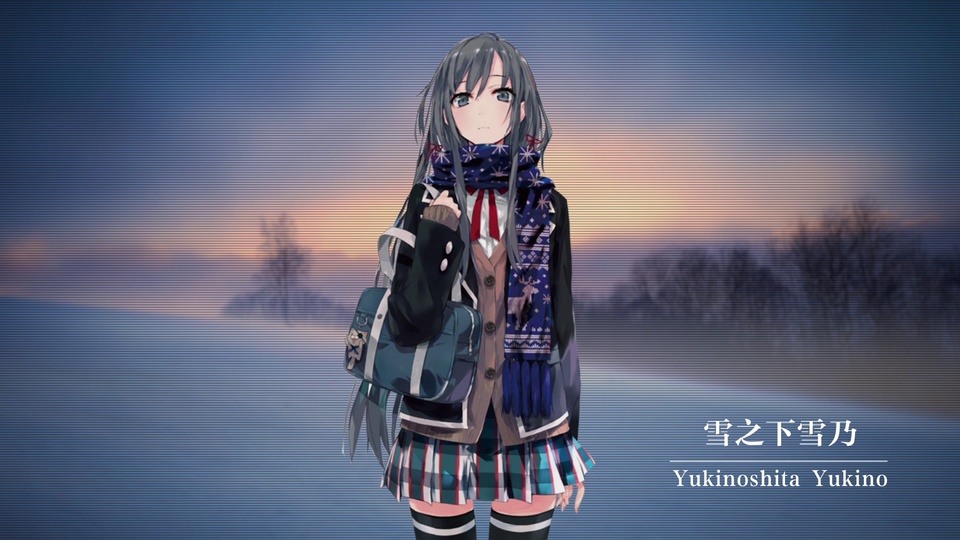灰长发动漫少女身着校服立于暮色覆雪冬野中