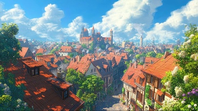 俯瞰蓝天白云欧洲小镇