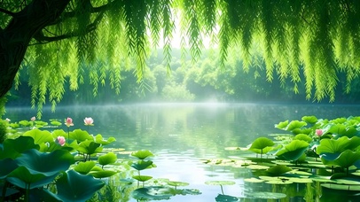 绿色护眼湖边柳叶