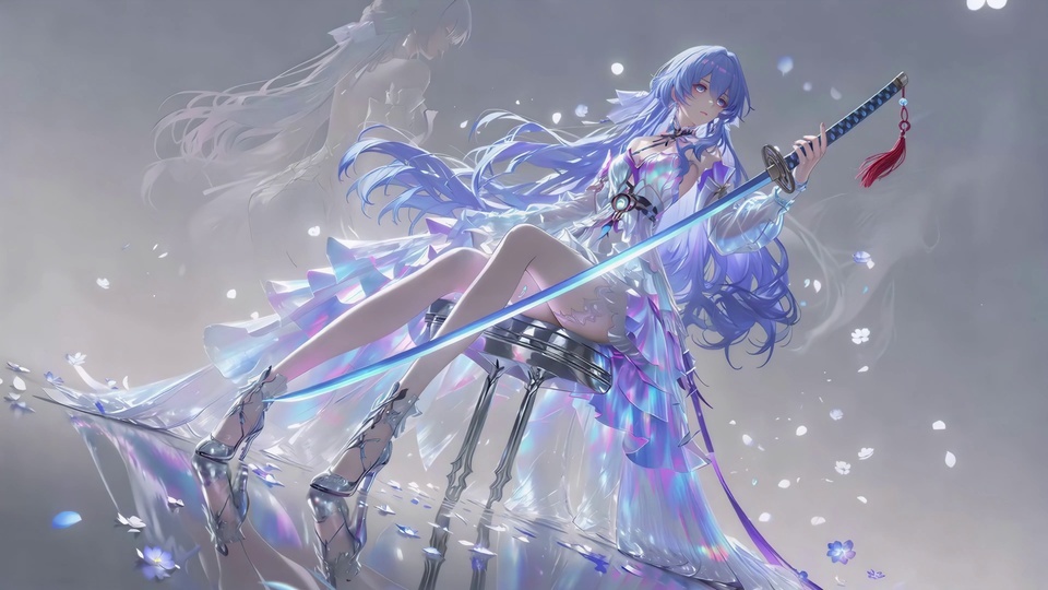 二次元插画蓝发少女持蓝光刀剑，身着幻彩长裙坐于水畔金属椅，身周飘着花瓣。