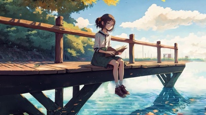 桥边看书的女孩