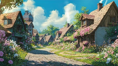 蓝天白云童话小镇木屋