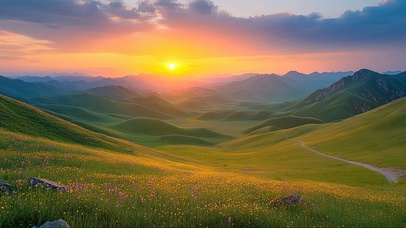 日出霞光绿色山丘