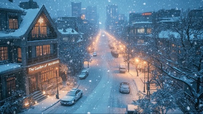 城市大雪纷飞街道夜景