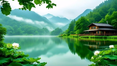 绿色护眼山水小屋