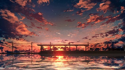 唯美夕阳湖面公交亭