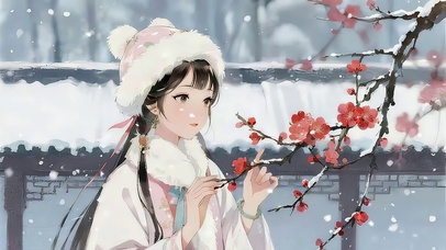 雪中红梅与少女