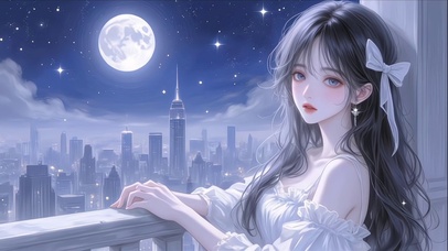 月夜城景静美少女
