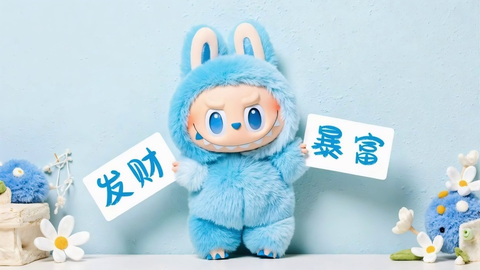 天蓝色毛绒玩偶双手分别持有写着发财、暴富的白色卡片