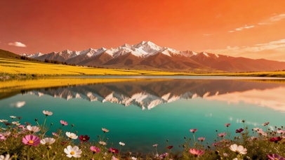 橙霞雪山湖畔花田美景