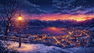 夕阳湖畔雪
