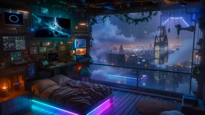 未来城市雨夜房间