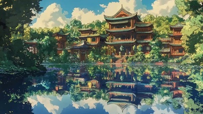 唯美湖畔古城水中倒影