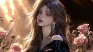 暖光玫瑰簇长发美女