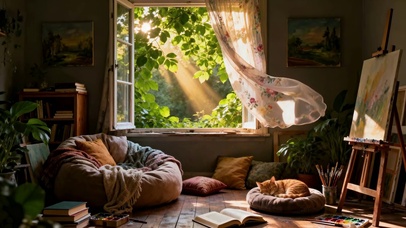 阳光画室的猫咪午后时光