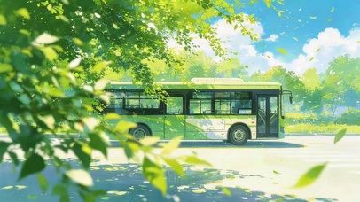 春天绿荫公交车