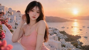 海边落日清纯美少女