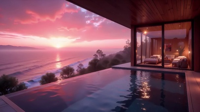 小屋晚霞海浪