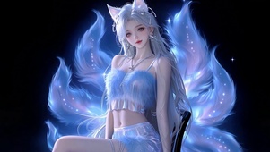 魅惑青色狐耳九尾美女