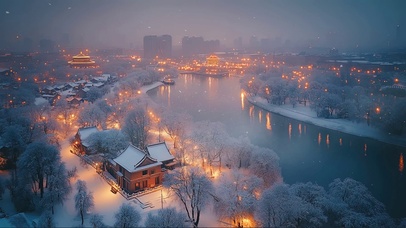 雪天河畔古建筑群