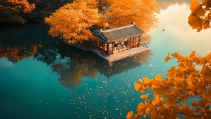 秋日静谧湖心古朴商店