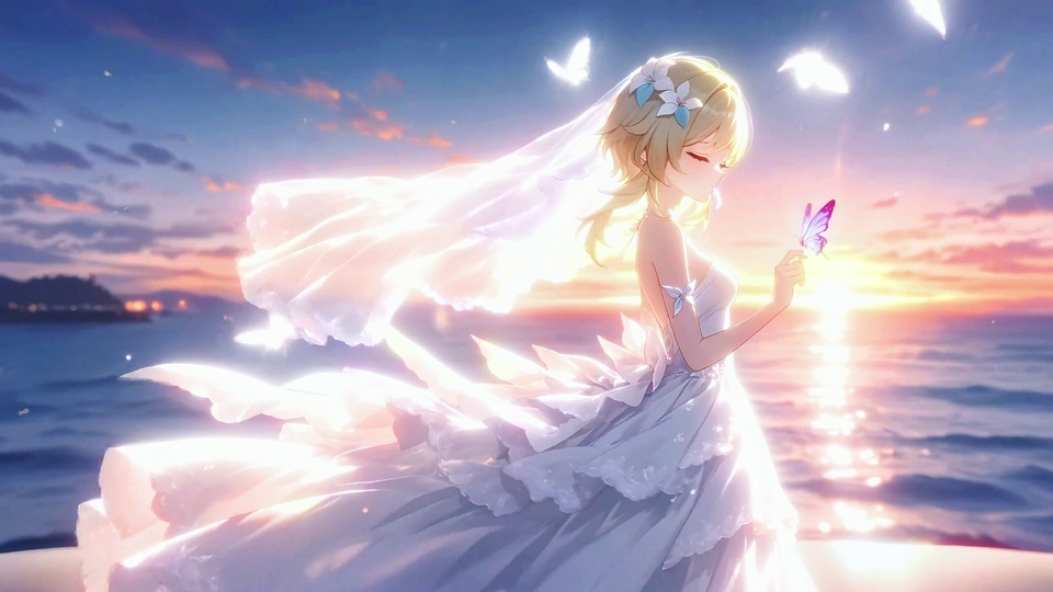 金发少女身穿白纱长裙站在海边，指尖停有紫色蝴蝶，背景是黄昏晚霞与泛着碎光的海面。