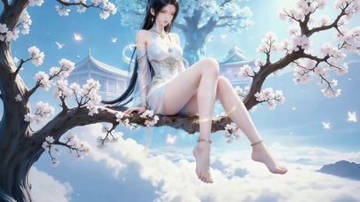 蓝色梦境坐在树枝上的古风美女