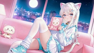 软萌猫耳白发少女城市夜景