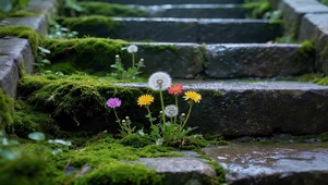雨天青苔蒲公英