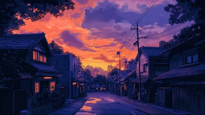 唯美紫色晚霞小镇街道