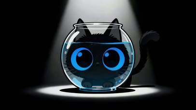 鱼缸后的小黑猫