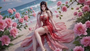 海滩梦幻花海中的红衣美女