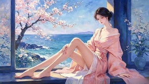 海景窗粉衣古风少女