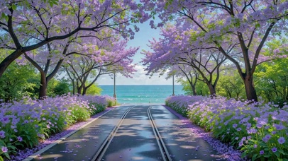 紫花林荫滨海治愈风景