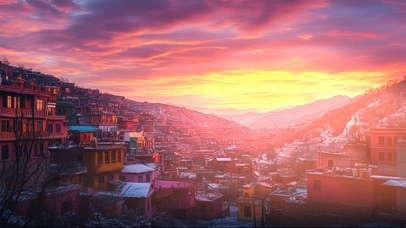 梦幻晚霞积雪山谷小镇