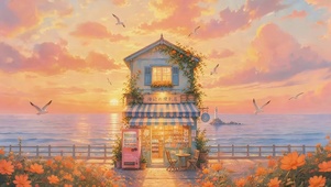 海边黄昏小屋