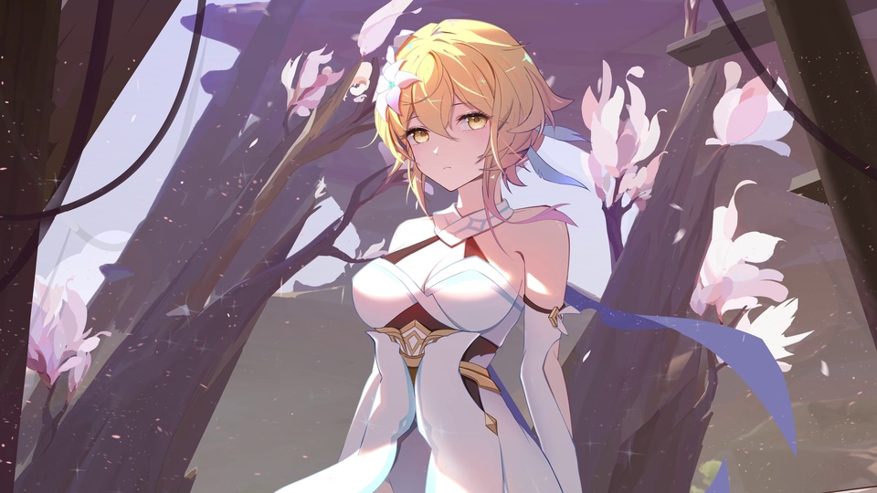 原神旅行者荧上半身居中，金发短碎发配白色发花，身着白金配色服饰，身处点缀淡粉异形花朵的紫褐色奇幻花林，暖柔光线洒落四周。