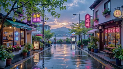 雨后治愈湖畔街道黄昏美景