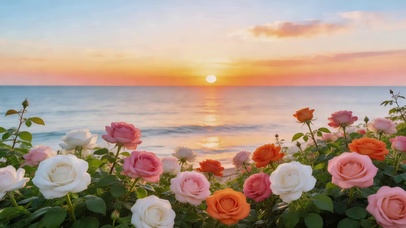 晚霞大海玫瑰花