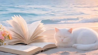 夕阳海景猫咪带鱼屏