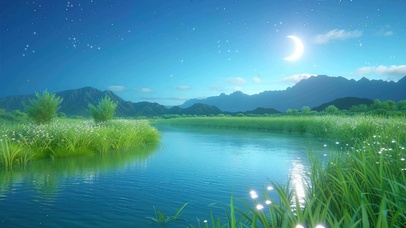 夜景星空树木河流夜色