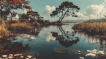 静谧迷雾湿地小屋