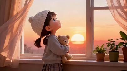 望着夕阳的女孩双屏