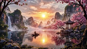 桃花江畔渔舟景