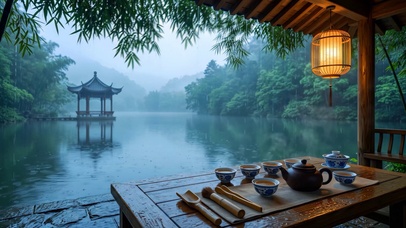 雨天湖边木亭品茶