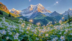 雪山花海晨光