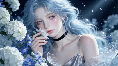蓝发花簇空灵美少女