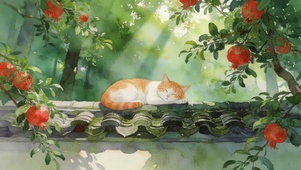 榴花卧猫