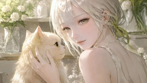 白发少女与猫咪温馨相伴