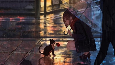 雨中女孩和小猫